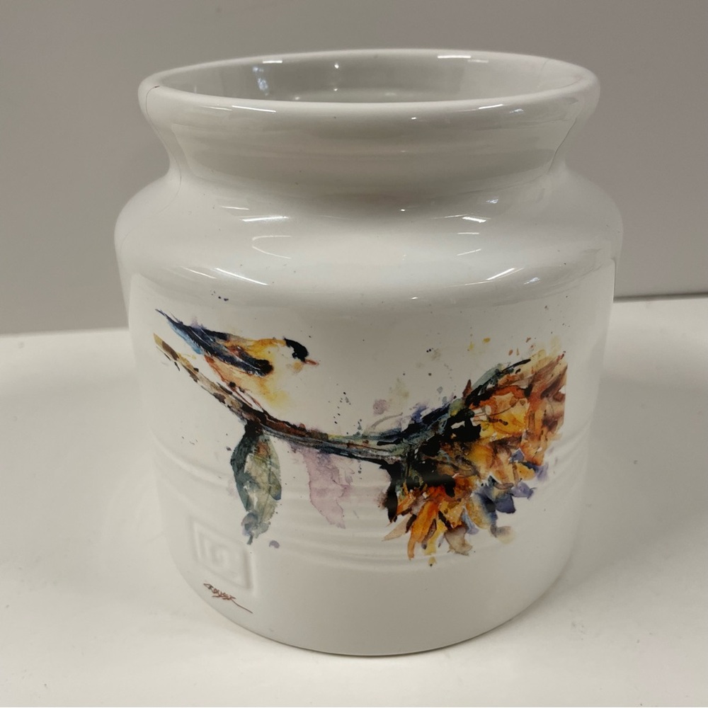 Dean Crouser by Big Sky Pottery 5” White Crock w/ Watercolor Bird and Flower
